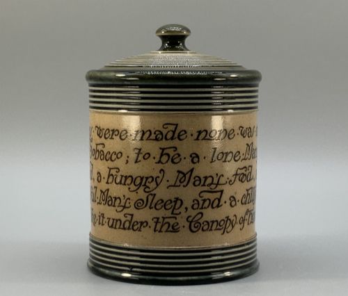 fig 2. Antique Royal Doulton Stoneware Tobacco Jar & Cover – Motto Inscription
