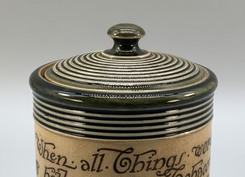 fig 4. Antique Royal Doulton Stoneware Tobacco Jar & Cover – Motto Inscription