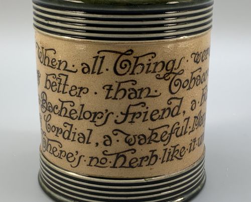 fig 5. Antique Royal Doulton Stoneware Tobacco Jar & Cover – Motto Inscription