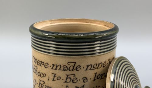 fig 7. Antique Royal Doulton Stoneware Tobacco Jar & Cover – Motto Inscription