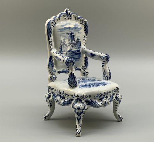Dutch Delft Blue & White Miniature Porcelain Armchair Chair Late 19th-century