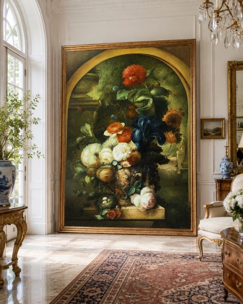 fig 1. A monumental oil painting depicting a vibrant floral still life arrangement set within a stone arch inside a gilt wood frame.