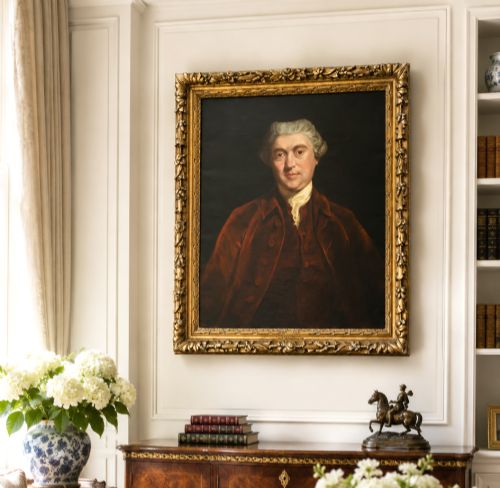 fig 2. An antique oil painting depicting a half-length portrait of a gentleman in a dark red coat, set within a carved gilded frame with a metal title plaque at the bottom.
