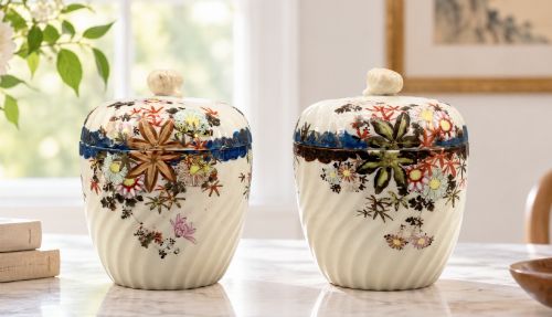 fig 1. A pair of 19th-century Japanese cream porcelain lidded jars featuring spiralled fluted bodies and hand-painted polychrome floral decoration with sculpted finials.