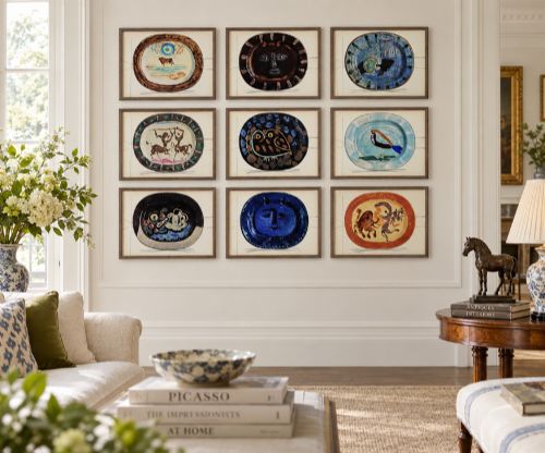 fig 1. A grid of nine framed mid-century prints depicting colourful ceramic plates designed by Pablo Picasso.