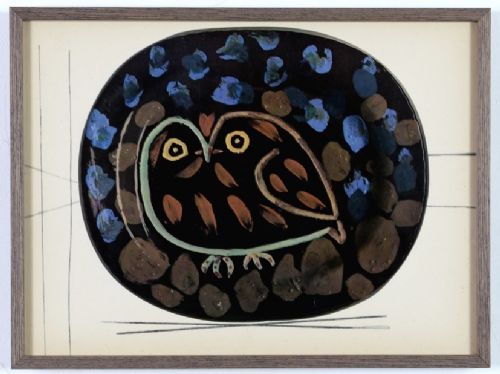 fig 2. A grid of nine framed mid-century prints depicting colourful ceramic plates designed by Pablo Picasso.