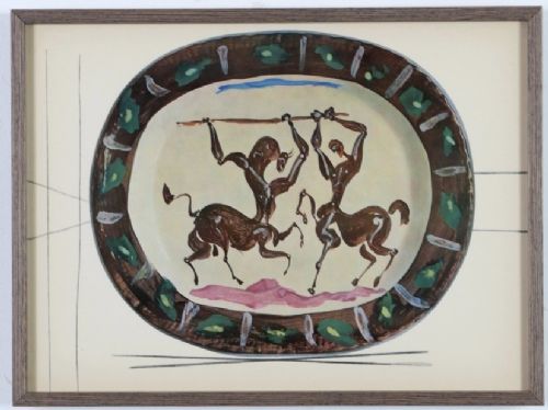 fig 3. A grid of nine framed mid-century prints depicting colourful ceramic plates designed by Pablo Picasso.