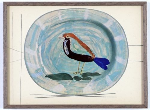 fig 4. A grid of nine framed mid-century prints depicting colourful ceramic plates designed by Pablo Picasso.