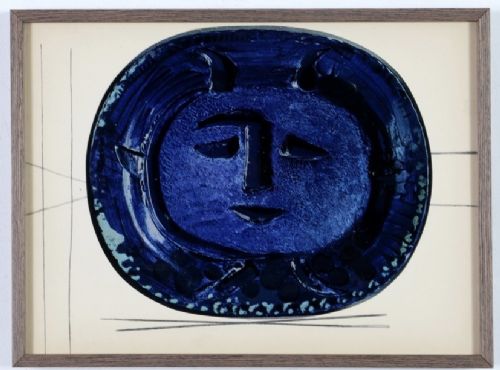 fig 5. A grid of nine framed mid-century prints depicting colourful ceramic plates designed by Pablo Picasso.