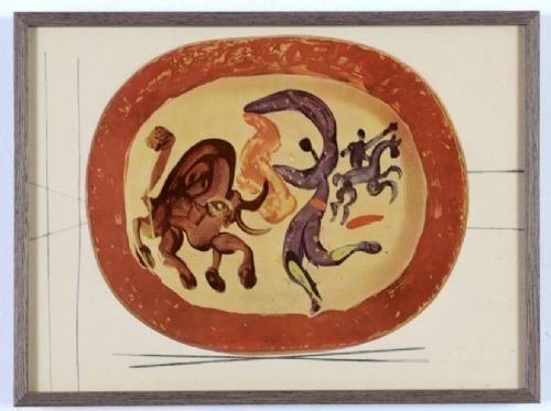 fig 6. A grid of nine framed mid-century prints depicting colourful ceramic plates designed by Pablo Picasso.