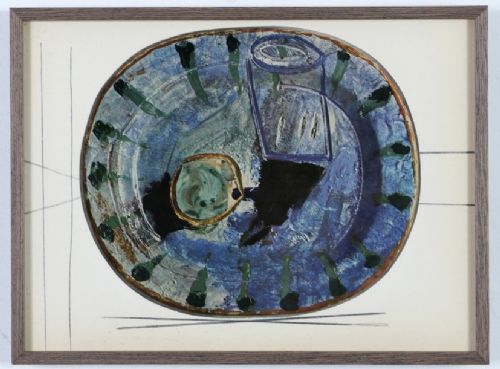 fig 7. A grid of nine framed mid-century prints depicting colourful ceramic plates designed by Pablo Picasso.