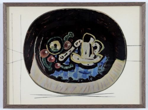fig 8. A grid of nine framed mid-century prints depicting colourful ceramic plates designed by Pablo Picasso.