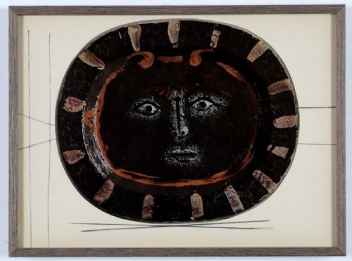 fig 9. A grid of nine framed mid-century prints depicting colourful ceramic plates designed by Pablo Picasso.