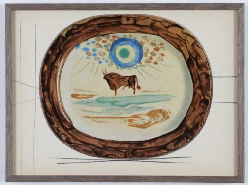 fig 10. A grid of nine framed mid-century prints depicting colourful ceramic plates designed by Pablo Picasso.