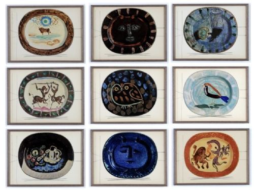 fig 11. A grid of nine framed mid-century prints depicting colourful ceramic plates designed by Pablo Picasso.
