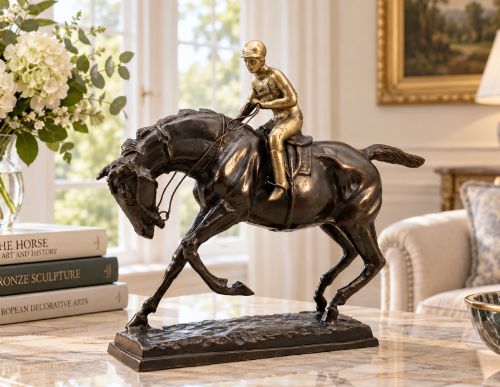 fig 1. A patinated bronze sculpture depicting a racehorse and jockey mid-stride set upon a textured rectangular bronze base.