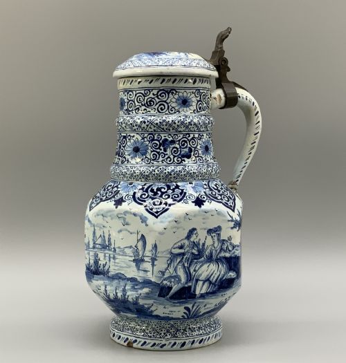 18th Century Dutch Delft Blue & White Pottery Pewter Lidded Jug Pitcher Antique