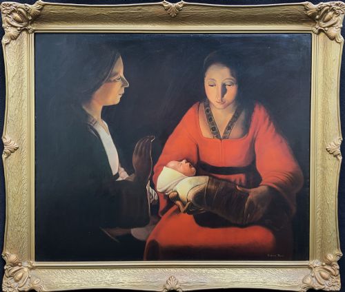 Large C.1930 Oil Painting “The Newborn Child” After Georges De La Tour – Fellman