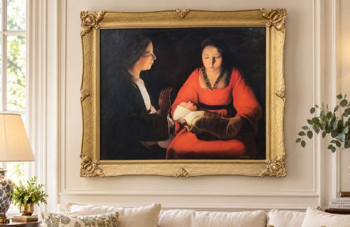 fig 1. A framed twentieth-century oil painting depicting two women in dramatic candlelight illumination leaning over a swaddled infant inside an ornate gold frame.