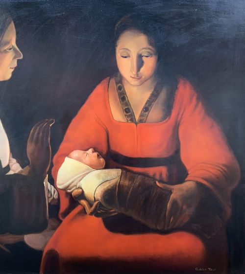 fig 3. A framed twentieth-century oil painting depicting two women in dramatic candlelight illumination leaning over a swaddled infant inside an ornate gold frame.
