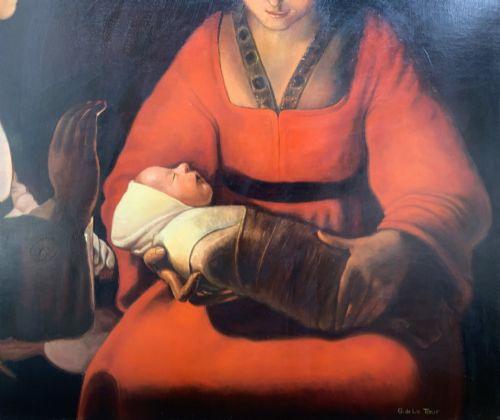 fig 4. A framed twentieth-century oil painting depicting two women in dramatic candlelight illumination leaning over a swaddled infant inside an ornate gold frame.