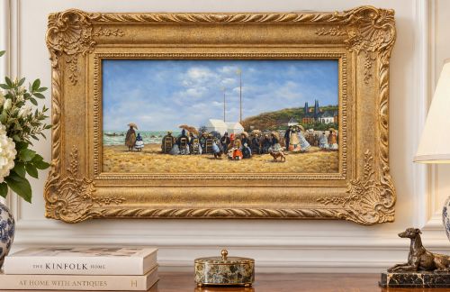 fig 1. An oil painting depicting a Victorian seaside gathering on a sandy beach, enclosed within a wide carved gilt wood frame.