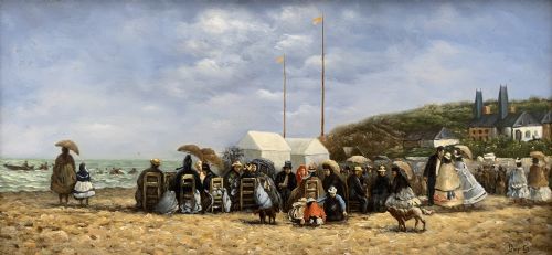 fig 2. An oil painting depicting a Victorian seaside gathering on a sandy beach, enclosed within a wide carved gilt wood frame.