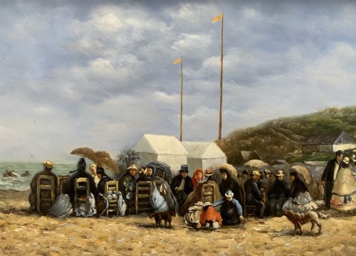 fig 4. An oil painting depicting a Victorian seaside gathering on a sandy beach, enclosed within a wide carved gilt wood frame.