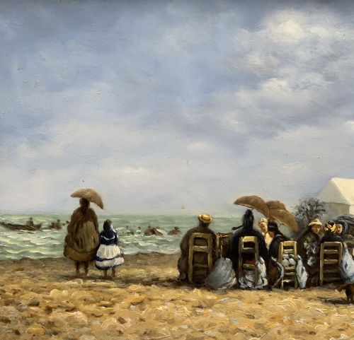 fig 6. An oil painting depicting a Victorian seaside gathering on a sandy beach, enclosed within a wide carved gilt wood frame.