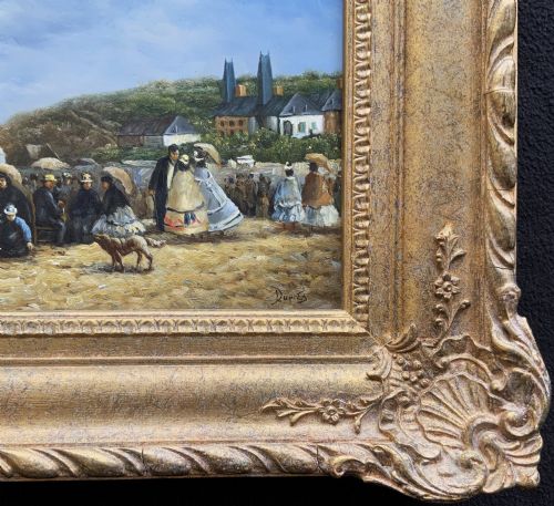 fig 7. An oil painting depicting a Victorian seaside gathering on a sandy beach, enclosed within a wide carved gilt wood frame.