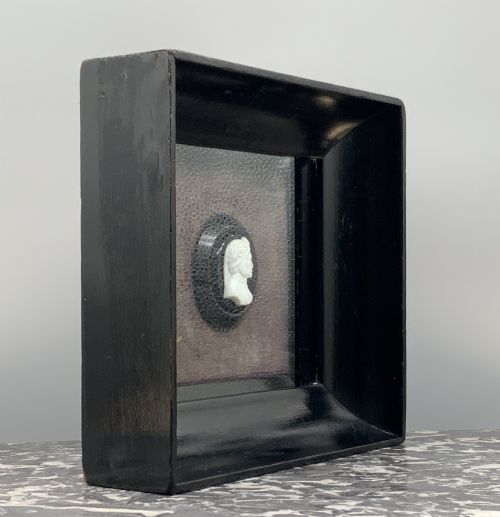 fig 6. A small carved white classical profile portrait cameo mounted on a dark background within a deep black ebonised square frame.
