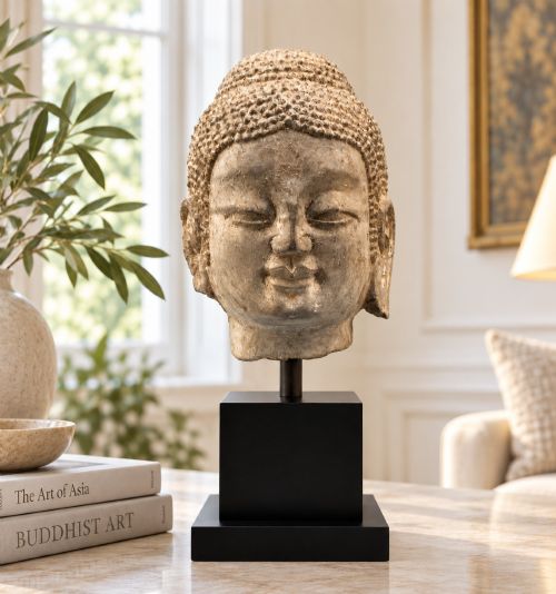 fig 1. A carved limestone Chinese Buddha head featuring downcast eyes, elongated earlobes, and coiled hair, mounted on a black square stand.