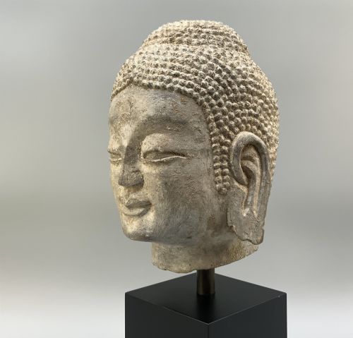 fig 7. A carved limestone Chinese Buddha head featuring downcast eyes, elongated earlobes, and coiled hair, mounted on a black square stand.