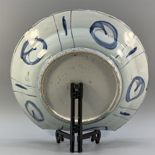 fig 8. A large 17th-century Japanese Edo period blue and white porcelain charger featuring panelled floral patterns with detached rim fragments in the foreground.
