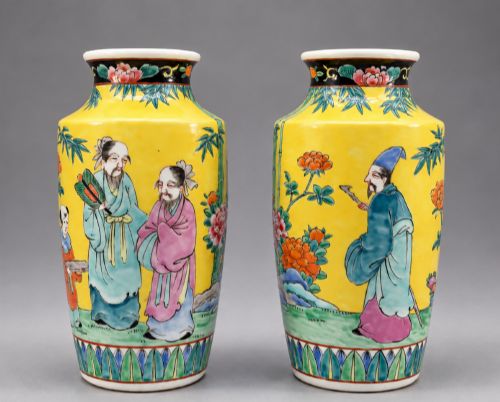 Pair Antique Chinese Famille Rose Yellow Ground Porcelain Figural Vases