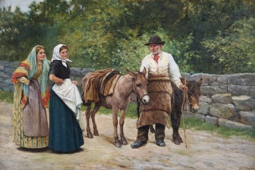 fig 1. A nineteenth-century Victorian oil painting depicting a rural scene with figures and donkeys, housed inside an ornate carved giltwood frame.