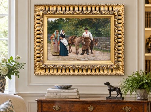 fig 2. A nineteenth-century Victorian oil painting depicting a rural scene with figures and donkeys, housed inside an ornate carved giltwood frame.