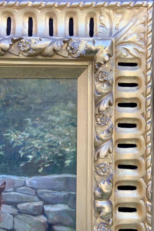 fig 3. A nineteenth-century Victorian oil painting depicting a rural scene with figures and donkeys, housed inside an ornate carved giltwood frame.