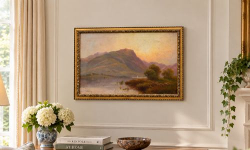 fig 1. A nineteenth-century oil painting on canvas depicting a Scottish loch and mountains illuminated by a sunset, displayed within a gilt carved frame.