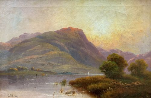 fig 2. A nineteenth-century oil painting on canvas depicting a Scottish loch and mountains illuminated by a sunset, displayed within a gilt carved frame.