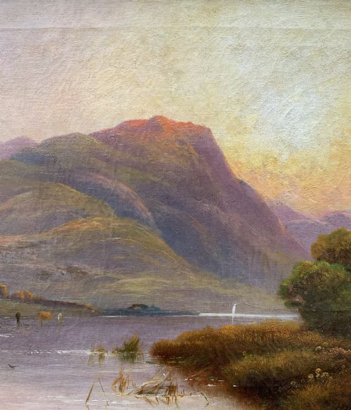 fig 5. A nineteenth-century oil painting on canvas depicting a Scottish loch and mountains illuminated by a sunset, displayed within a gilt carved frame.