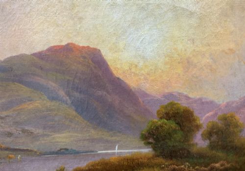 fig 8. A nineteenth-century oil painting on canvas depicting a Scottish loch and mountains illuminated by a sunset, displayed within a gilt carved frame.