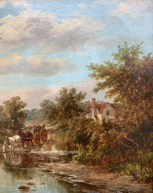 fig 3. A Victorian landscape oil painting depicting a rural scene with a horse-drawn cart crossing a stream beside mature trees and a cottage, set in an ornate gilt frame.