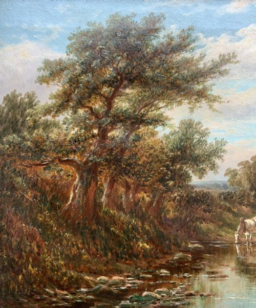 fig 5. A Victorian landscape oil painting depicting a rural scene with a horse-drawn cart crossing a stream beside mature trees and a cottage, set in an ornate gilt frame.
