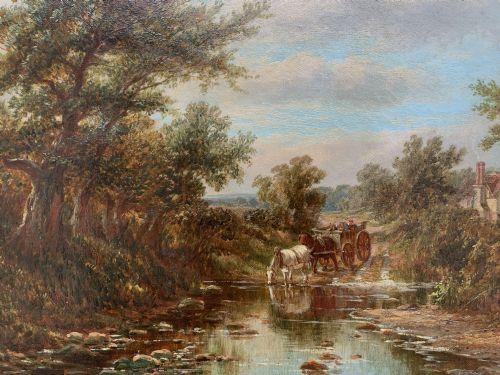 fig 6. A Victorian landscape oil painting depicting a rural scene with a horse-drawn cart crossing a stream beside mature trees and a cottage, set in an ornate gilt frame.