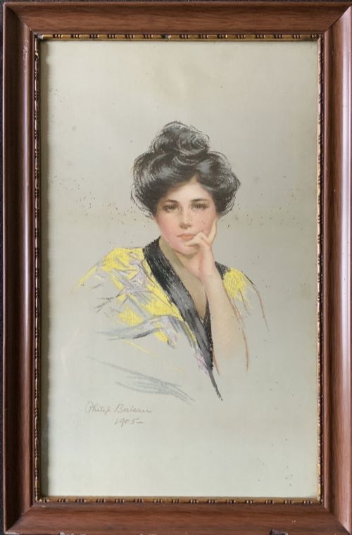 fig 1. A set of three framed Edwardian portrait prints by Philip Boileau, dated 1905, depicting women in period fashion set within dark wood frames.
