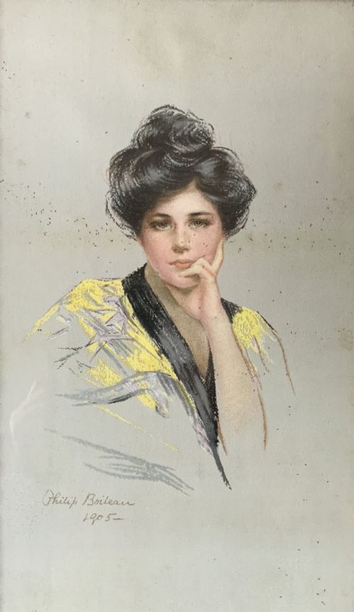 fig 2. A set of three framed Edwardian portrait prints by Philip Boileau, dated 1905, depicting women in period fashion set within dark wood frames.
