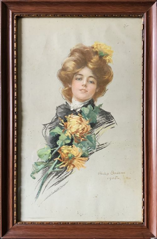 fig 3. A set of three framed Edwardian portrait prints by Philip Boileau, dated 1905, depicting women in period fashion set within dark wood frames.