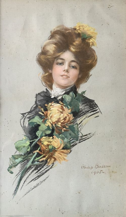 fig 6. A set of three framed Edwardian portrait prints by Philip Boileau, dated 1905, depicting women in period fashion set within dark wood frames.