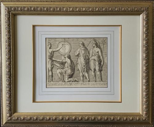 fig 1. A monochrome 17th-century etching depicting four Classical Roman figures with drapery alongside Latin inscriptions.